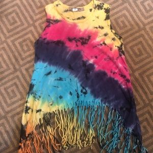 Girls Rainbow Tie Dye Tank Top with Fringe